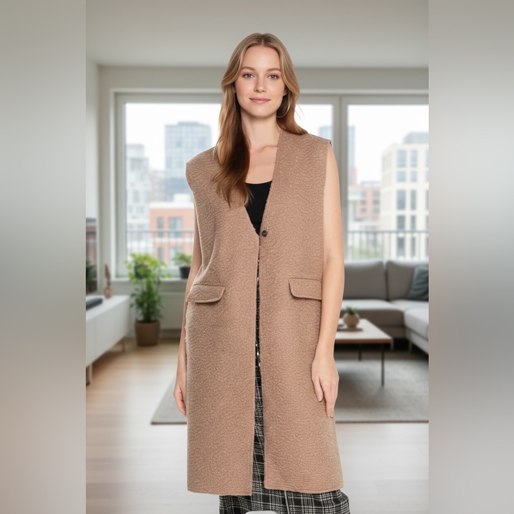 NWT ZARA Bouclé Long Vest Sweater Jacket Taupe Mink Brown Small Bloggers Fave